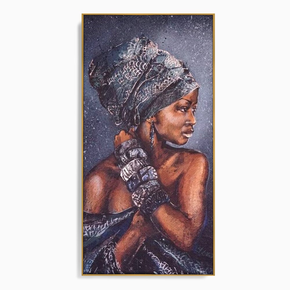 Tablou canvas cu tablou canvas cu portret de femeie africana, in rama de aluminiu auriu